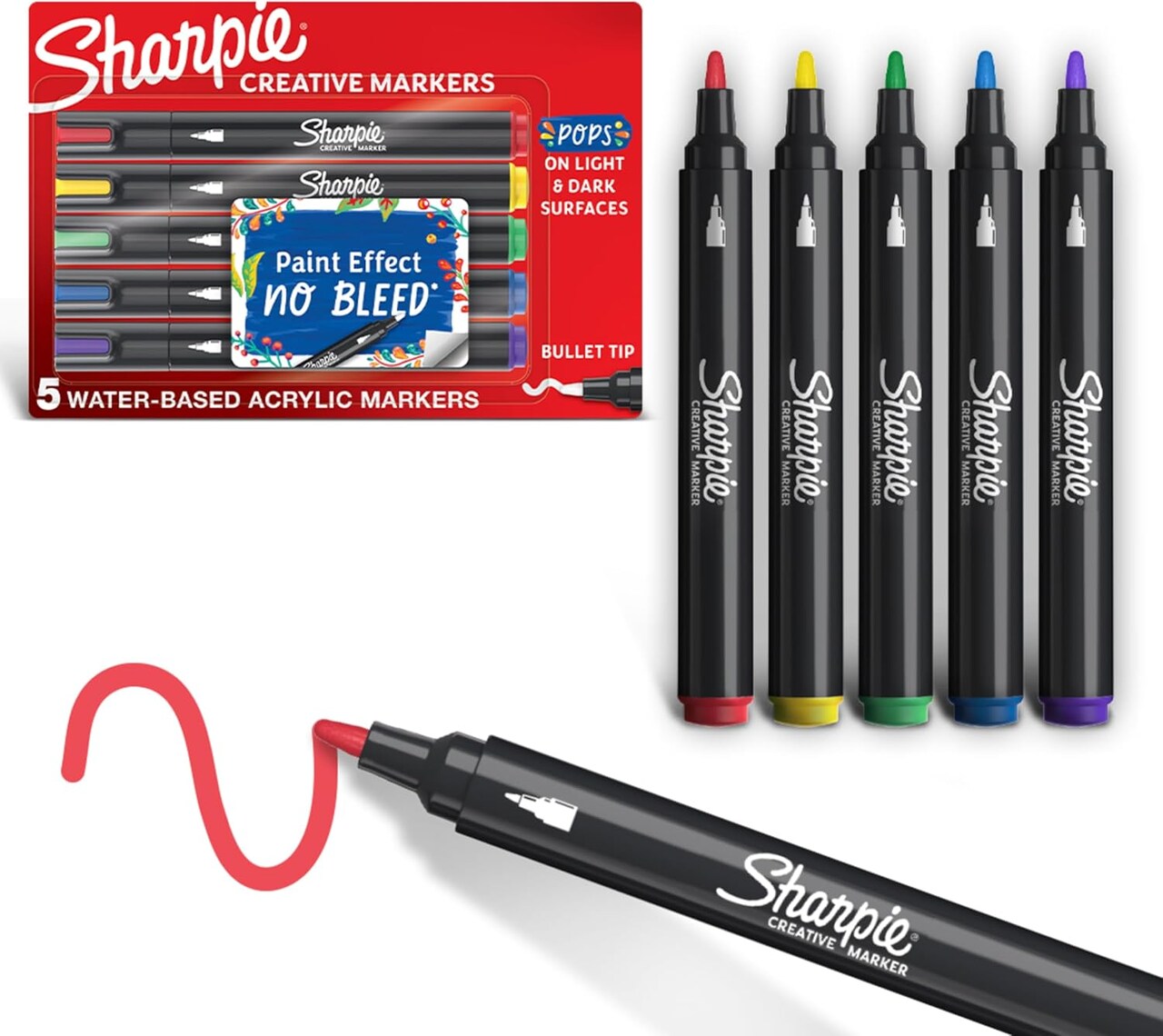 Sharpie Creative Markers, Water-Based Acrylic Markers, Bullet Tip, Assorted Colors, 5 Count, Ideal for Paper, Metal, Wood, Ceramic, and Canvas